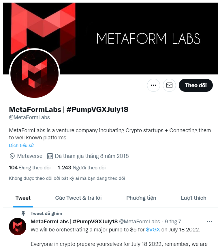 VGX coin là gì? Twitter của MetaFormLabs